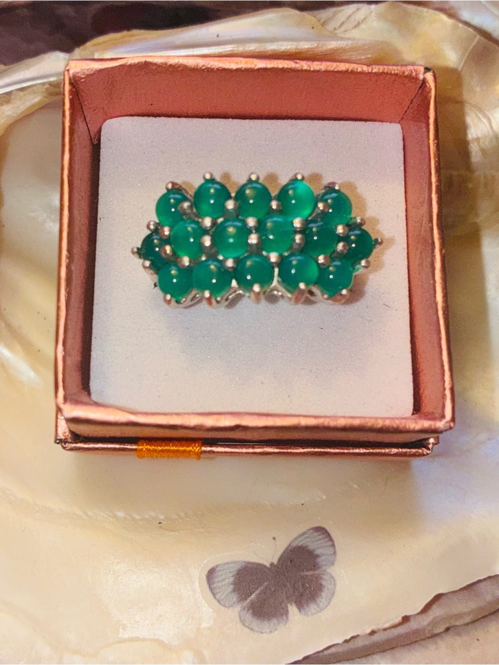 Emerald Green Cluster Cabochon Ring Set in Sterling Silver - Women Jewelry - Picture 4 of 10